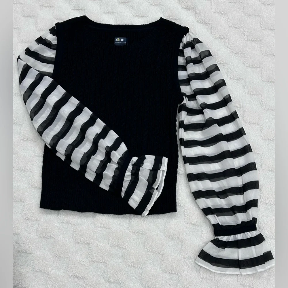 Maeve by Anthropologie Black and White Striped Sleeve sweater Top XSP - Picture 5 of 10